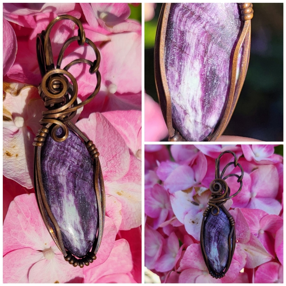 Handcrafted  Copper Wire Wrapped Pendant Featuring Kammererite Cabochon